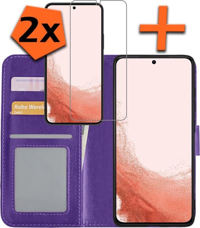 Hoes - Met 2x Screenprotector - Geschikt voor Samsung Galaxy S22 - Luxe Pasjeshouder - Bookcase Portemonee - Flip Case - Kunstleer Book Case - Flipcase Hoes - Book Cover - Walletcase - PortemonneeHoes - Paars