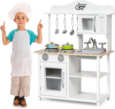Houten Speelkeuken - Kinderkeuken Keukentje - Rollenspel Spelen - Inclusief Metalen Accessoires - 83 x 30 x 83 cm - Wit