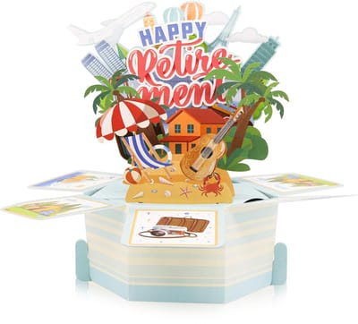 Dailygoods- Pensioenkaart 3D Pop-up - Strandthema - Grappige Groetkaart - Wenskaart met Envelop - Opvouwbaar Papierkunstwerk - Bureaudecoratie