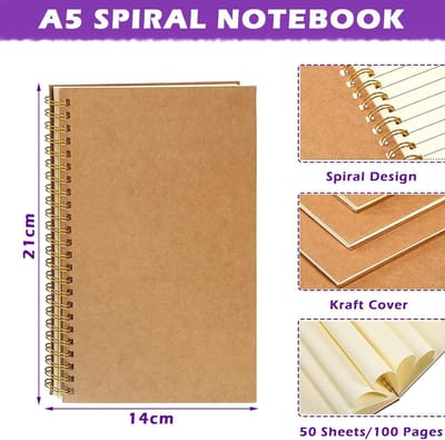 5 Stuks A5 Notebook Notitieboekje Blanco, A5 Spiraal Notitieblok Kraft Cover 100 Pagina's/50 Vellen, A5 Notitieblokken Klassiek Dagboek Schrijfblok Tekenblok voor Reizen School Kantoor