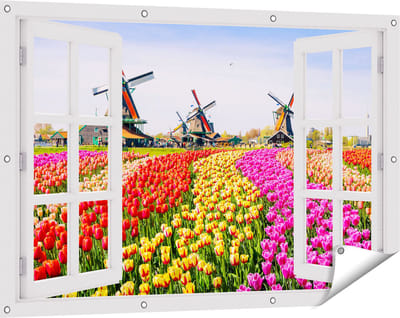 Gards Tuinposter Doorkijk Kleurrijke Tulpen Bloemenveld - Windmolen - 120x80 cm - Tuindoek - Tuindecoratie - Wanddecoratie buiten - Tuinschilderij