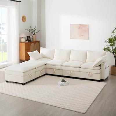 Moderne L-vormige bank - met afneembare voetenbank - voorzien van USB-poort - opbergruimte en bekerhouder - modulaire bank - beige