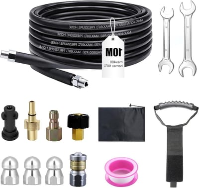Hogedrukslang voor het reinigen van leidingen 10 m 400 Bar 140 °C met adapter en spuitmonden, ideaal voor afvoerreiniging en verstoppingen, geschikt voor diverse hogedrukreinigers
