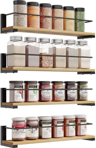 Unyqoos ® Kruidenrekken Set van 4 voor Wandmontage in Keuken en Meer, Grenenhout en Metaal, 40 x 9 cm