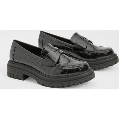boohoo Dames Chunky Croco Banddetail Loafers | Black | Maat: 3