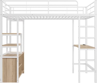 Gotagee Hoogslaper met bureau USB Meerdere planken ijzeren frame 90x200cm met open opbergkast jeugdbed volwassenbed metalen bed kinderbed