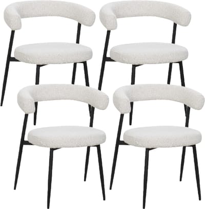 BukkitBow – Eetkamerstoel / Keukenstoel - Geschikt als Make-up Stoel - Chenille Stof & Metalen Onderstel - Open Design - Creme - 4 Stuks