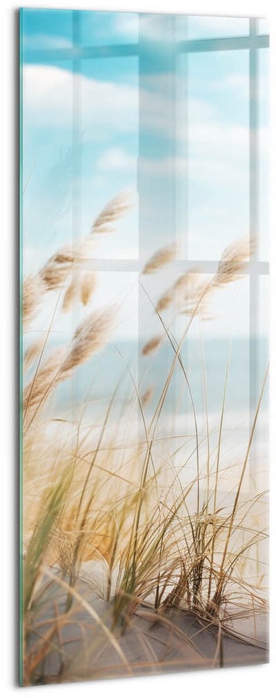 Wallfluent Glasschilderij - Landschap met gras, strand en zee in boho-stijl Foto Schilderij Op Glas - 50x125 cm - Beige Verticale Muurschildering - Landschap Glas Schilderij - Schilderij Glas - Schilderij Op Glas