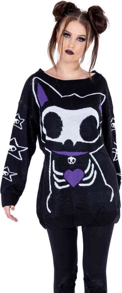Cupcake Cult - Skeleton Cat Gebreide trui - XL - Zwart