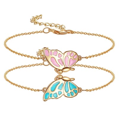 Bixorp Friends Vriendschapsarmbandjes voor 2 met Vlinder Roze/Blauw - Goudkleurig - BFF Armband