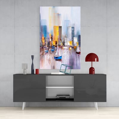 Glasschilderij op Gehard Glas – Abstracte Zeilboten – Moderne Wanddecoratie – 110x70 cm – 4 mm