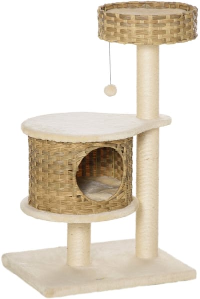 MODFU Krabpaal 95H cm van sisal en pluche, met PE-rattan huisje, stevige spaanplaat basis en hangend speelbal