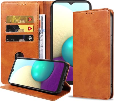 Smartphonica Samsung Galaxy A02 leren hoesje met magnetische sluiting en pashouders – Bruin geschikt voor Samsung Galaxy A02