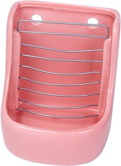 Keramische Voerbak - Hooi Dispenser - Knaagdier Voeren - Bevestigbaar Ontwerp - 16 x 13.5 cm - Roze