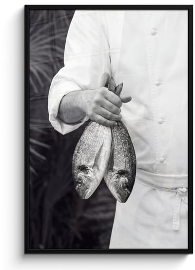 Poster in lijst - Fotolijst 80x120 cm - Posters - Vissen - Chef - Zwart - Wit - Posterlijst zwart - Decoratie - Wanddecoratie woonkamer - Muurdecoratie slaapkamer