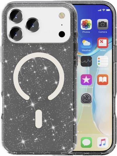 YPCd Glitter Hoesje met MagSafe voor Apple iPhone 17 Pro – Shockproof TPU Backcover – Verhoogde Randen – Transparant Zwart