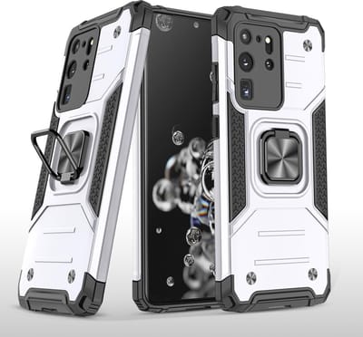 Hoesje Geschikt Voor Samsung Galaxy S20 Ultra Hoesje - Heavy Duty Armor hoesje Zliver - Galaxy S20 Ultra silicone TPU hybride hoesje Kickstand ringhouder met Magnetisch Auto Mount