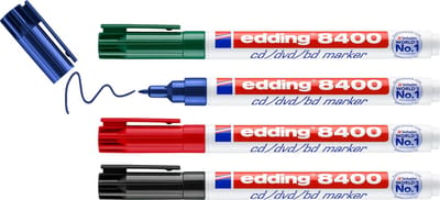 edding 8400/4 cd/dvd/bd marker - 4 stuks in de kleuren zwart, rood, blauw, groen - ronde punt 0,5-1mm - voor het veilig aanbrengen van permanente teksten op cd's, dvd's en Blu-Ray disks
