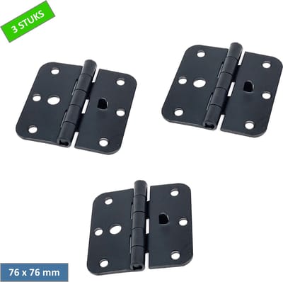 TQ4U Scharnieren 76x76 mm - Matzwart - Ronde Hoek - Met Dievenklauw - Losse Pen - Set van 3