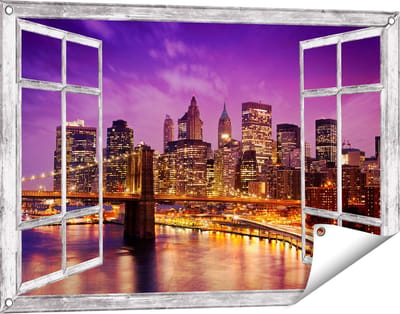 Gards Tuinposter Doorkijk Skyline New York van Centrum in het Paars - 90x60 cm - Tuindoek - Tuindecoratie - Wanddecoratie buiten - Tuinschilderij