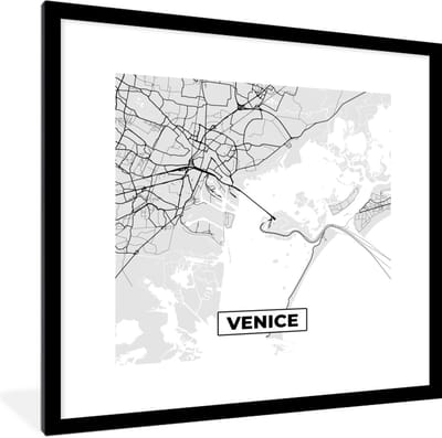 Fotolijst incl. Poster Zwart Wit- Venetië - Stadskaart - Plattegrond - Zwart Wit - Kaart - 40x40 cm - Posterlijst