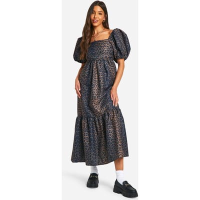 boohoo Dames Leopard Volumineuze Pofmouwen Midaxi Jurk | Bruin | Maat: 36