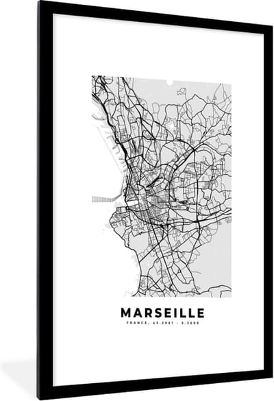 Fotolijst incl. Poster - Marseille - Plattegrond - Frankrijk - Kaart - Stadskaart - 60x90 cm - Posterlijst