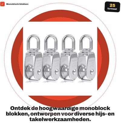 Dailygoods- Monoblock Blokken 25 mm - Roestvrij Staal - Pulley M25 - Rotatable - Ergonomisch Ontwerp - Draagvermogen 150 kg - Touwpulley