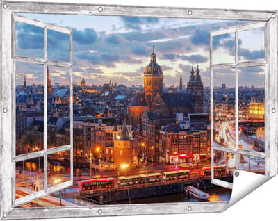 Gards Tuinposter Doorkijk Amsterdam Centrum Luchtfoto Zonsondergang - 120x80 cm - Tuindoek - Tuindecoratie - Wanddecoratie buiten - Tuinschilderij