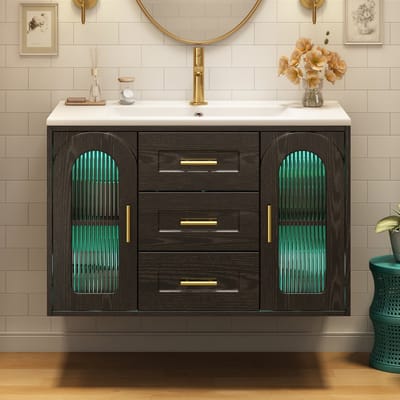 HAUSS SPOLE Badkamermeubel - Wandgemonteerde Onderkast Met Wastafel En Ledverlichting - Voor Badkamer - MDF En Glas - 76x46x55 Cm - Zwart