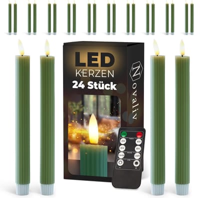 LED-kaarsen 24 stuks ECHTE WAS geribbeld groen - met timerfunctie 6 uur - 23 cm hoogte voor kaarsen 2,2 cm diameter 2 AAA-batterijen vereist LED-kaarsen set van 2 6x groene bewegende vlam
