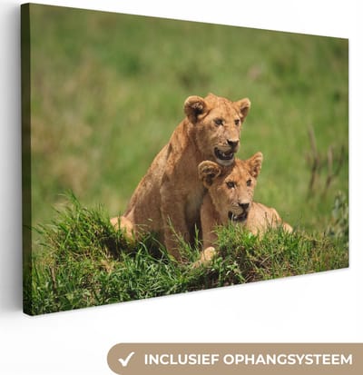 Canvas Schilderij Leeuwen - Jacht - Natuur - 30x20 cm - Wanddecoratie