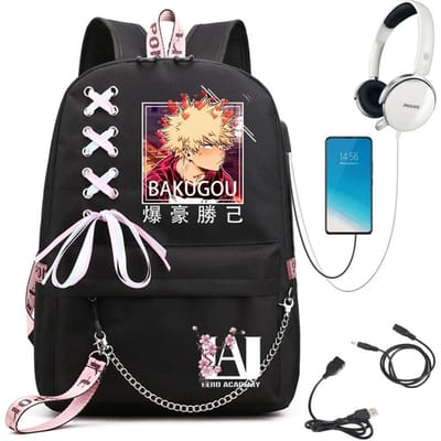 My Hero Academia Anime Sac à Dos pour Femmes Port USB Sac à Dos de Voyage pour Dames Sac à Bandoulière Katsuki Bakugo Anime Tendance Sac à Dos pour Ordinateur Portable