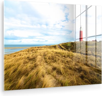 MuchoWow® Glasschilderij 160x120 cm - Schilderij acrylglas - Strand - Vuurtoren - Duin - Foto op glas - Muurdecoratie woonkamer - Wanddecoratie slaapkamer - Schilderijen