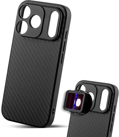 MOJOGEAR 17mm lens case voor iPhone 17 Pro - Telefoonhoesje met Lens Mount - Carbon Fiber Look - Zwart