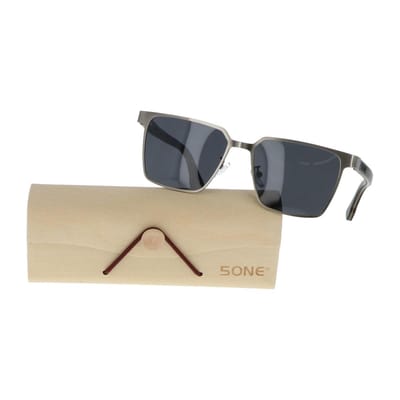 5one®  Napoli Square Gun Metal Grey - Zonnebril met houten poten