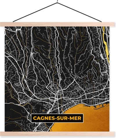 Posterhanger incl. Poster 40x40 cm - Schoolplaat - Frankrijk - Plattegrond - Cagnes-sur-Mer - Stadskaart - Plattegrond - Textielposter - Blanke latten - Stadskaart