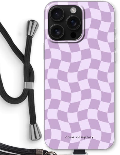 Case Company® - Hoesje met koord geschikt voor iPhone 16 Pro Max hoesje met Koord - Grid Paars - Telefoonhoesje met Zwart Koord - Bescherming aan alle Kanten en Over de Schermrand