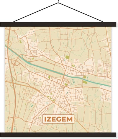 Posterhanger incl. Poster 60x60 cm - Schoolplaat - België - Kaart - Stadskaart - Plattegrond - Izegem - Textielposter - Zwarte latten - Stadskaart