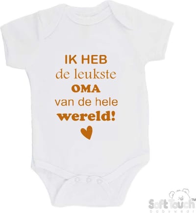 100% katoenen Romper "Ik heb de leukste oma van de hele wereld" Unisex Katoen Wit/tan Maat 56/62