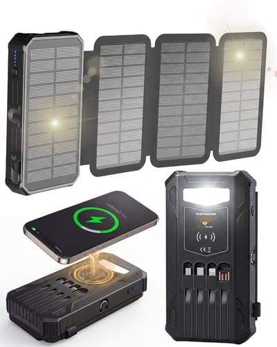 Golden Sound Solar Powerbank met 4 panelen - Powerbank zonneenergie - 27.000 mAh - Noodpakket - Snellader 22,5W - Powerbanks - 1x USB-A, 1x USB-C en 1x Micro-usb - Universele Powerbank