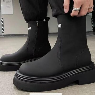 Bottes d'hiver décontractées à la mode pour hommes, montantes, fermeture éclair latérale, en cuir véritable pour hommes avec doublure en polaire, bottes pour hommes 44 black