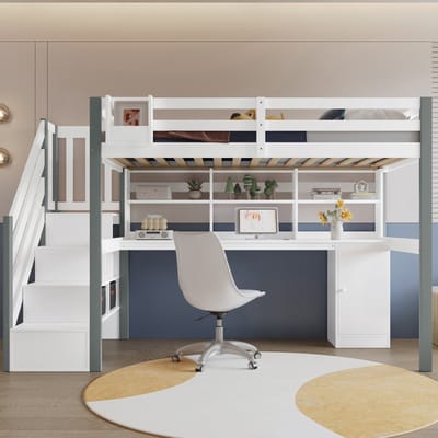 MEUNIQ Halfhoogslaper 90x200 cm met bureau, open kast, opbergvakken en zijtrap, halfhoog bed voor kinderkamer in wit en grijs