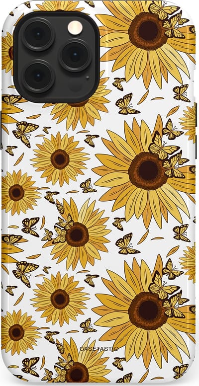 Casetastic Hoesje Geschikt voor Apple iPhone 12 Pro Max Magsafe - Stijlvolle Beschermende Duo-layer Case - Zonnebloem Zomer met vlinders