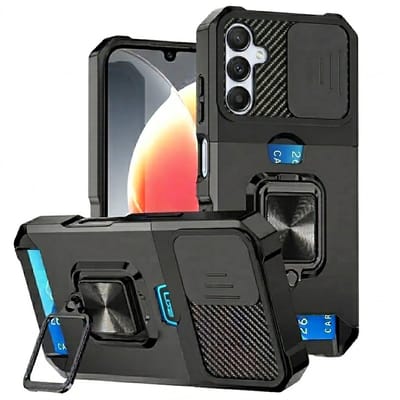 Zwart telefoon hoesje geschikt voor Samsung A56 – robuuste backcover case dames en heren – schokbestendig ontwerp met metalen standaard en kaarthouder