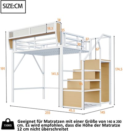 YEHTOKHOME Metalen hoogslaper 140 x 200 cm, met Open kast, Veiligheidsladder, afneembaar opbergrek, verhoogd bed volwassenen/kinderen, Wit, Zonder matras