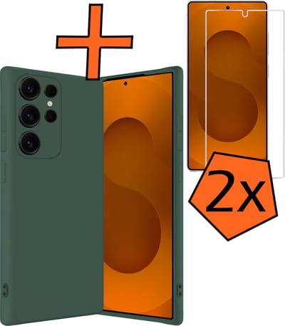 Hoes - Met 2x Screenprotector - Geschikt voor Samsung Galaxy S25 Ultra - Sterk & Shockproof - Back Cover - Siliconen Case - Telefoon Hoes - Donkergroen