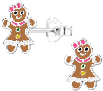 Joy|S - Zilveren poppetjes oorbellen - peperkoek - gingerbread - speculaas sinterklaas kerst - 7 x 10 mm - roze strikje - kinderoorbellen