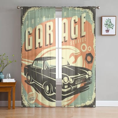 Auto Service Promotioneel Retro Ontwerp Concept Tule Doorzichtig Gordijn voor Woonkamer Keuken Decoratie Voile Organza Gordijnen 135W x 114H(cm) beige