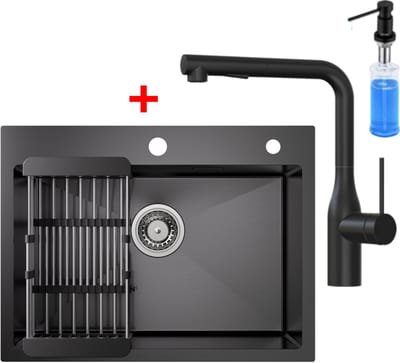 CECIPA max Spoelbak Antraciet 60x45CM - Spoelbak Keuken Met Keukenkraan en Zeepdispenser 300ML - Multifunctionele Spoelbak - Spoelbak Met Afdruiprek - Spoelbakken Keuken - Wasbak Keuken - RVS